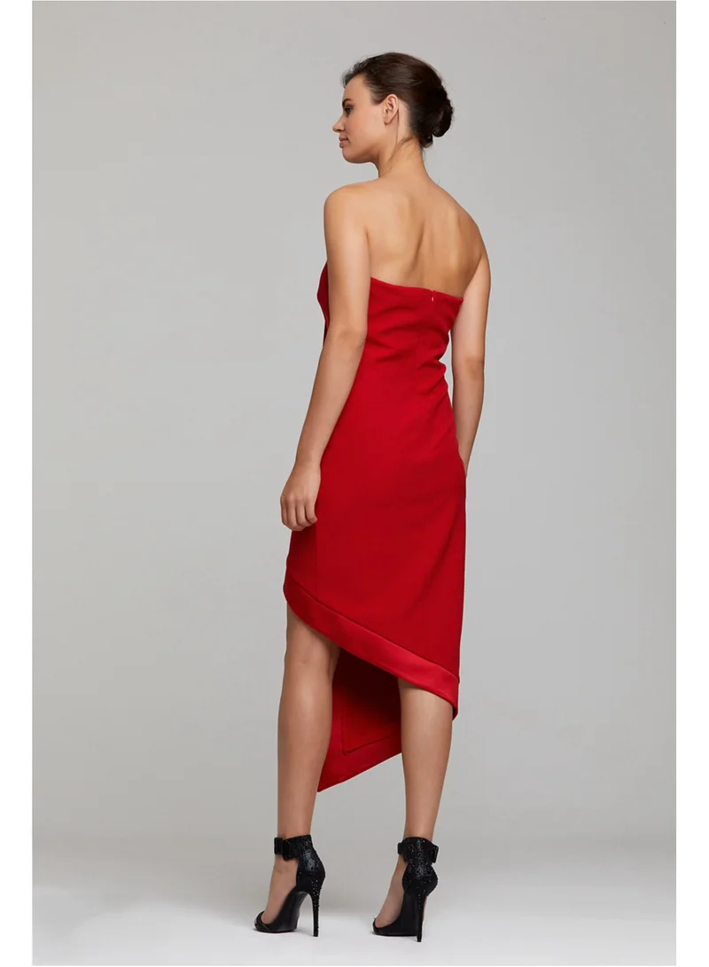 Marvella By Rasha scarlet Strapless Satin-Trim Midi Dress for Women | Best Price UAE